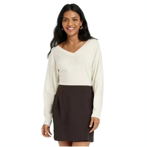 Women's Fine Gauge V-Neck Sweater - A New Day Cream M in Ivory - Picture 1 of 3